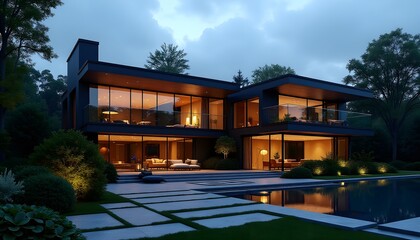 Obraz premium Modern Luxury Waterfront Home at Dusk Evening Illumination Swimming Pool and Landscaping