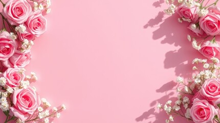 pink rose and gypsophila flower frame on a pink background. Strong, direct light produces intense shadows. Copy space is available at the top