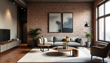 Modern Loft Apartment Living Room Interior Design with Exposed Brick Wall Cozy Sofa and Stylish