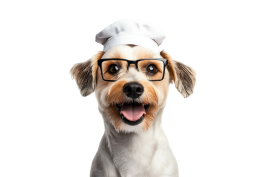 Terrier wearing square glasses and a tiny sailor hat isolated on white or transparent PNG