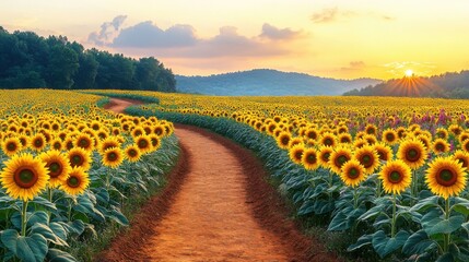Serene Journey Through Sunflower Field: Scenic Dirt Path with Wildflowers at Pastel Sunset