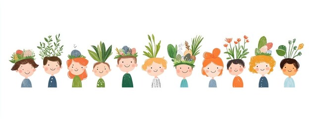 Fototapeta premium A cheerful group of diverse children wearing whimsical plant-themed headpieces, celebrating nature and friendship together