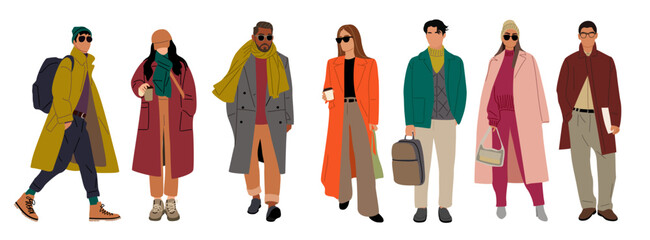 A group of people are dressed in various coats and scarves, with one person holding a backpack. Concept of fashion and style, with each person standing out in their unique outfit