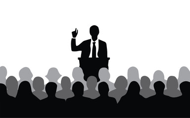 Vector Illustration of a Crowd of People Listening to a Leader. Simple Flat Design Concept Depicting Leadership, Public Speaking, and Community Engagement.