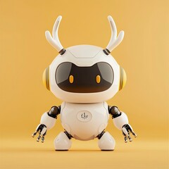 Naklejka premium A cute robot with antlers standing against a warm yellow backdrop, blending technology and whimsy in a playful design.