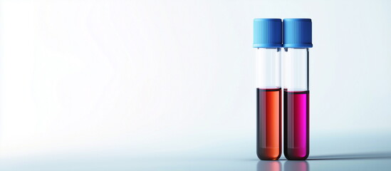 Two transparent test tubes used in scientific experiments contain liquid and are placed side by side. Copy space, isolated on a white background.	