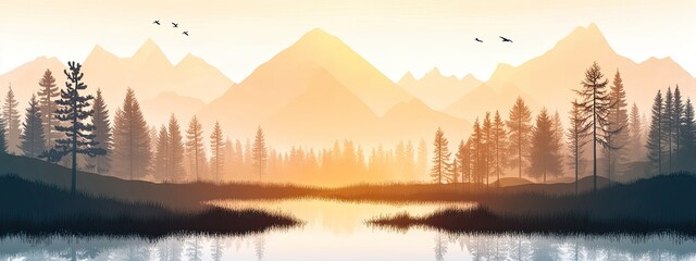 A serene landscape showcasing a tranquil lake set against majestic mountain silhouettes during sunrise or sunset