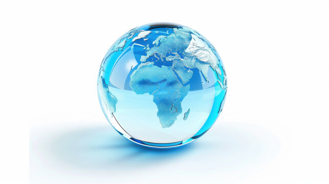 Aqua glass globe resting on white surface symbolizing global connections eco-friendly initiatives for campaigns and ads