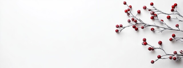 A beautiful arrangement of frosted red berries on a silver branch against a clean white background for festive decoration.