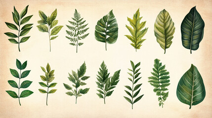 Collection of various green leaves displayed on a textured background