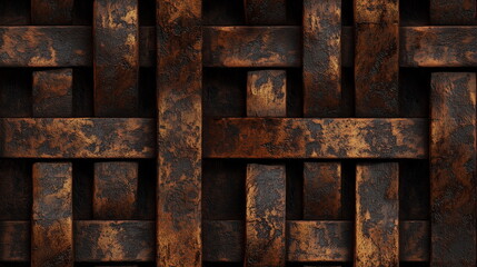 Close-up of old, rusty, worn-out long iron plates woven together.