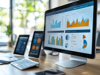 Keen digital marketer focused on optimizing ad performance, multiple devices showing analytics, vibrant office setting, copy space for datadriven digital marketing approaches