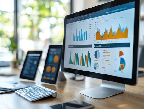 Keen digital marketer focused on optimizing ad performance, multiple devices showing analytics, vibrant office setting, copy space for datadriven digital marketing approaches