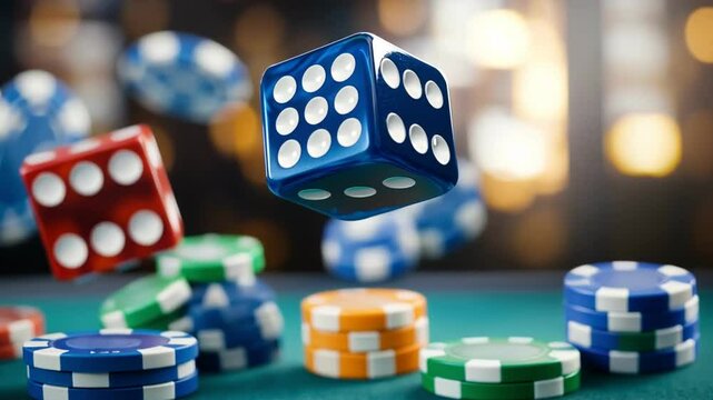 Colorful dice and poker chips in motion on a gaming table in a lively casino atmosphere.
