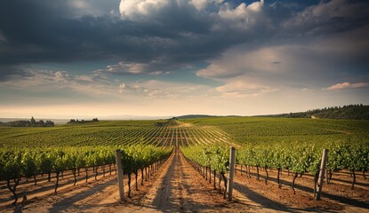 Fototapeta premium A vast vineyard with neatly aligned rows of grapevines stretching into the horizon
