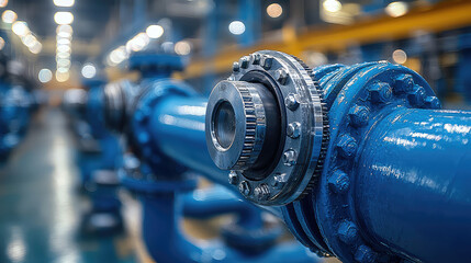 Fototapeta premium Close-up of industrial blue pipes and couplings in a factory setting.