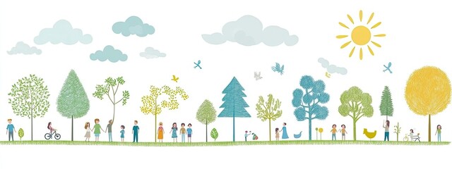 A vibrant illustration depicting a lively park scene with diverse people enjoying nature under the sun.