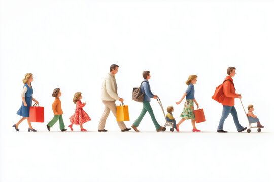 A side view of a family enjoying a shopping trip, with several plastic figures of various ages standing in a line and walking, holding shopping bags. Isolated on white background.