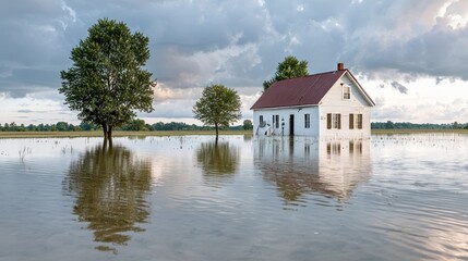 Obraz premium Submerged Solitude: A House in Floodwaters