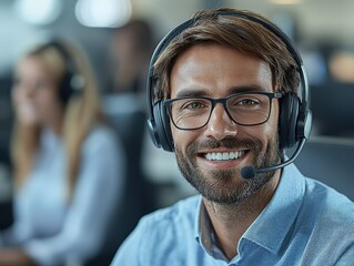 Active tech support agent typing quickly, headset on, solving customer issue with focus, modern office setting, copy space for professional and fast IT support service