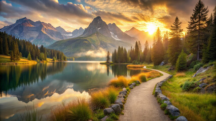 Obraz premium Breathtaking alpine lake at sunrise with mountains and reflections