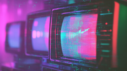 Obraz premium Vintage television sets display colorful static in a retro-themed room filled with neon lights