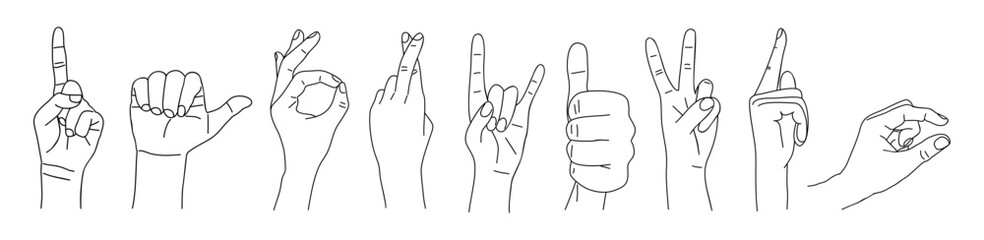 A series of hand gestures are shown in a row. The hand gestures are all pointing in different directions. Hand drawn vector illustration isolated on transparent background