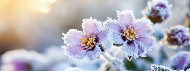Obraz premium Delicate frost-covered flowers glistening in soft sunlight during a winter morning with blurred background