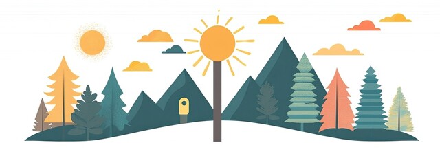 A vibrant and whimsical landscape featuring a sunny sky, colorful mountains, and playful trees in a serene setting