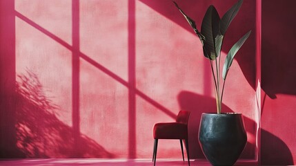 Subtle Grunge Raspberry Pink Background with Shadows and Plants