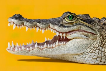 Obraz premium crocodile head with toothy mouth and green eye close up on a yellow background
