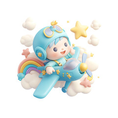 Obraz premium Adorable Baby Pilot Flying a Plane Amongst the Clouds and Stars
