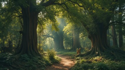 Obraz premium Sunlit Path Through Ancient Forest Canopy