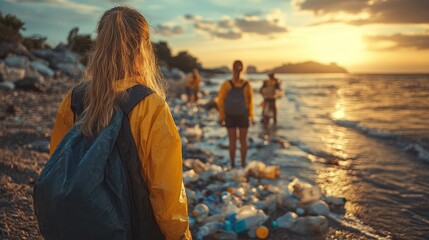 Fototapeta premium Sunset Beach Cleanup: Volunteers gather plastic waste at the beach during sunset.