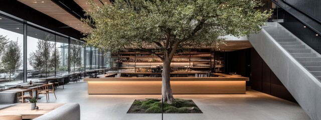 Fototapeta premium Modern interior design of a sophisticated bar featuring a central tree and contemporary furnishings, creating a tranquil atmosphere.