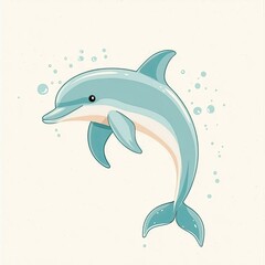 Obraz premium Playful cartoon dolphin swimming joyfully with bubbles in a light background, perfect for children's themes or marine life illustrations