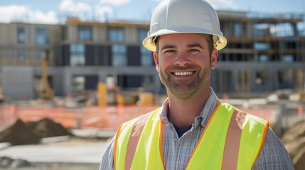 Construction equipment operator smiling into the camera, blurred construction site background, Shortage of skilled workers in construction