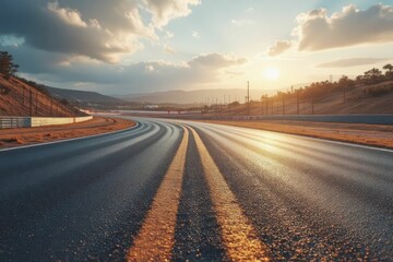 Sunrise Over Wet Race Track Asphalt Road