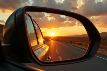 Sunset Road Trip Reflected In Car Mirror