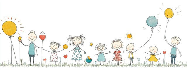 A joyful illustration of children celebrating together with balloons, sunshine, and playful interactions in a colorful setting