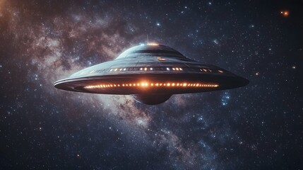 Fototapeta premium A Flying Saucer Above A Starry Galaxy Background