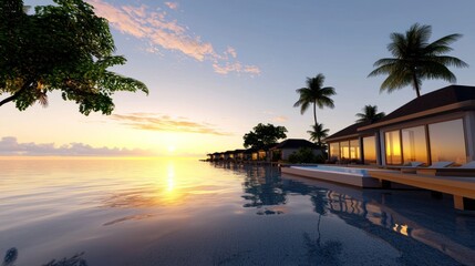 Obraz premium Tranquil Sunset Overwater Villas