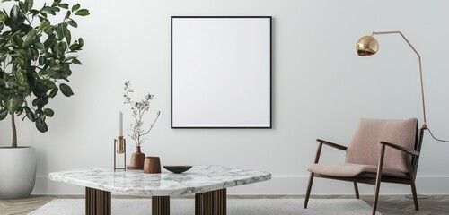 Fresh, airy modern living room with an A3 frame, marble table, and mid-century chair.
