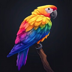 Obraz premium A vibrant, digitally rendered parrot perched gracefully on a branch against a dark background, showcasing colorful feathers in various shades.