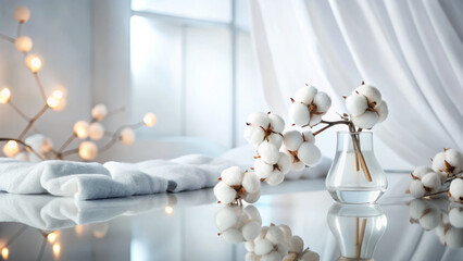 Dreamy minimalist lab with ethereal cotton in soft light and reflections