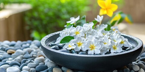 Serene Spa Setting White Plumeria Blossoms Floating in Dark Bowl on Pebbles