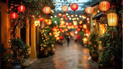 Illuminated alleyway with lanterns and festive lights.