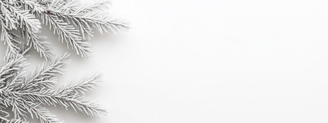 Obraz premium Snow-covered evergreen branches elegantly arranged against a clean white background creating a serene winter atmosphere
