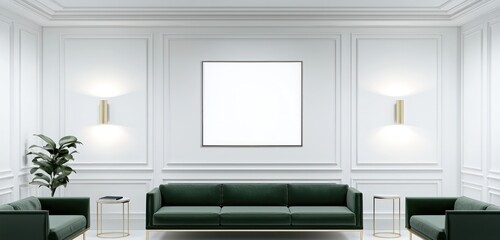 Fototapeta premium Minimalist living room with two frames, a dining table, and an elegant sofa.