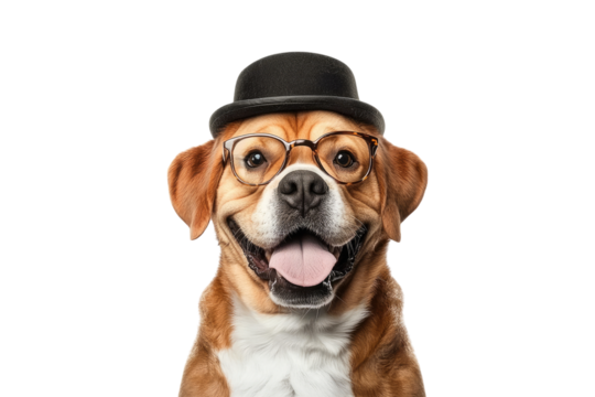 Bulldog wearing black hat and glasses tie isolated on white or transparent PNG